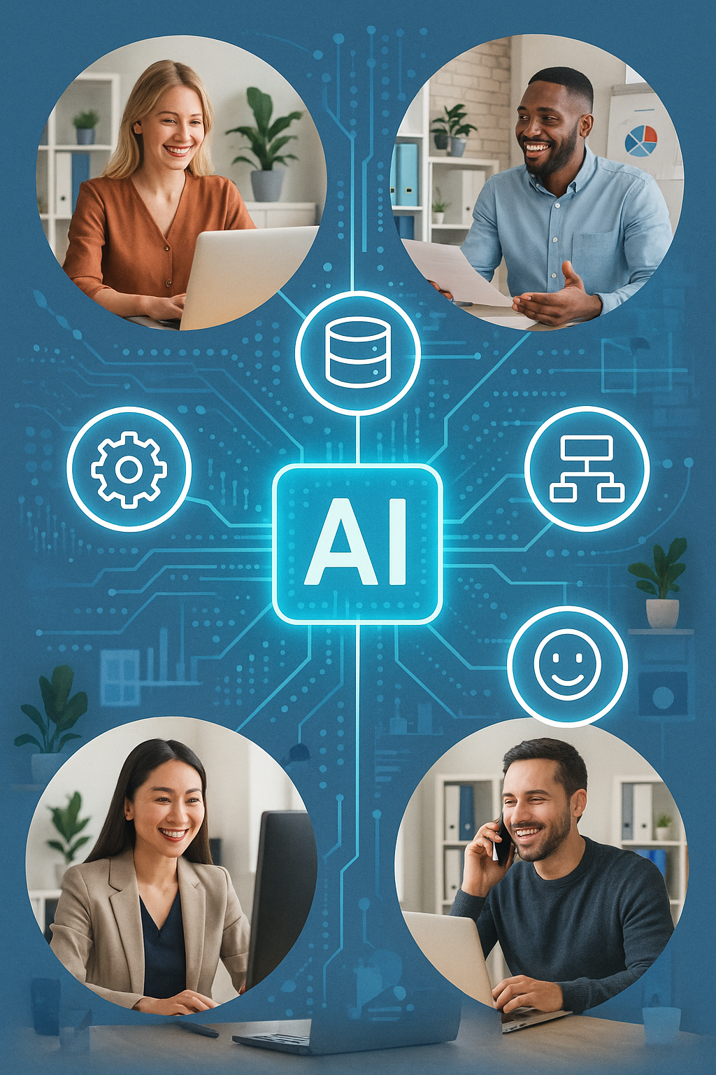 Transformation digitale d'une entreprise par l'intelligence artificielle, symbole d'innovation, d'efficacité opérationnelle et de performance commerciale.